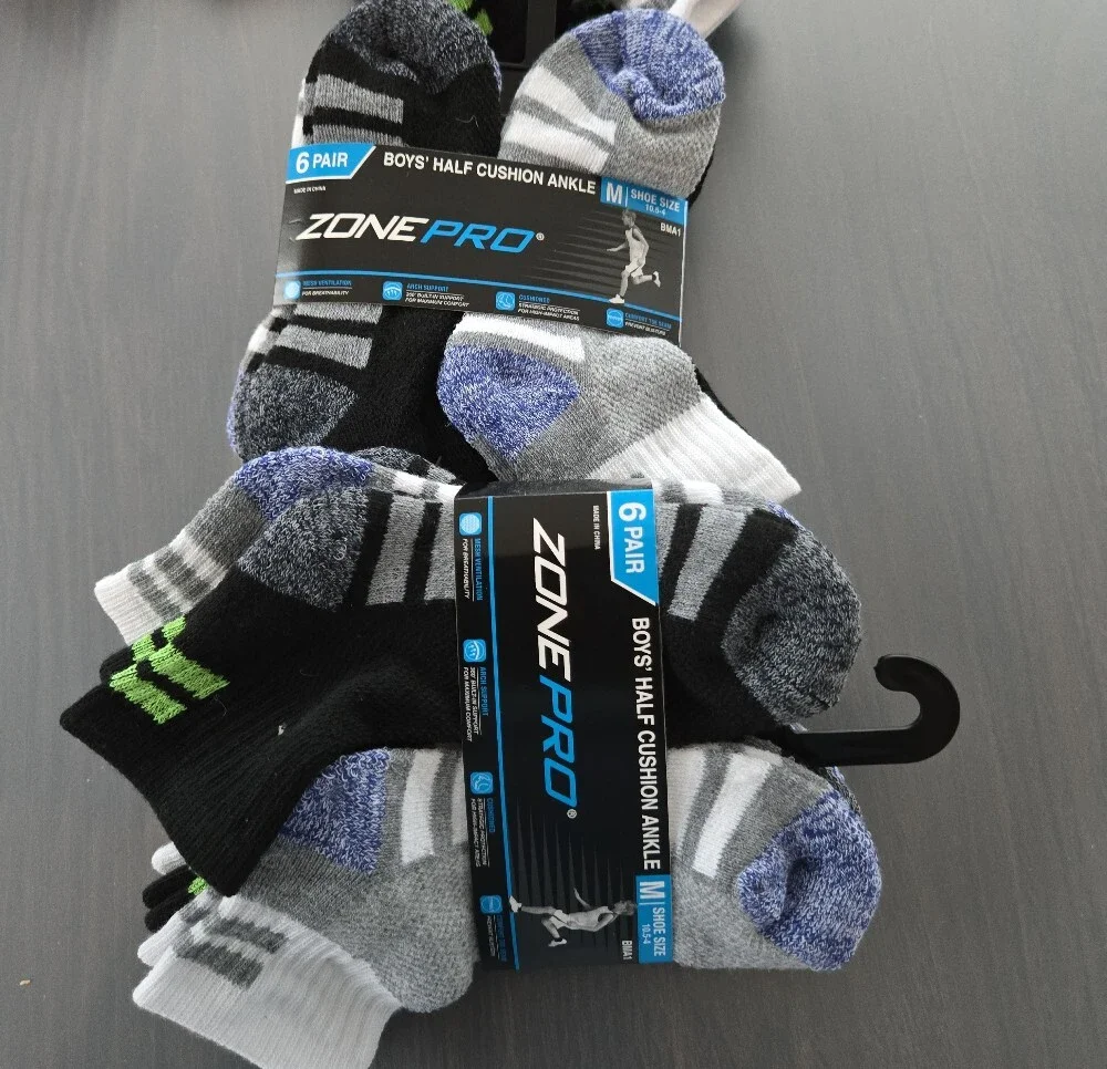Zone Pro Boys Half‑Cushion Ankle Socks – Ten 6‑Packs, Size 10.5–4, NWT